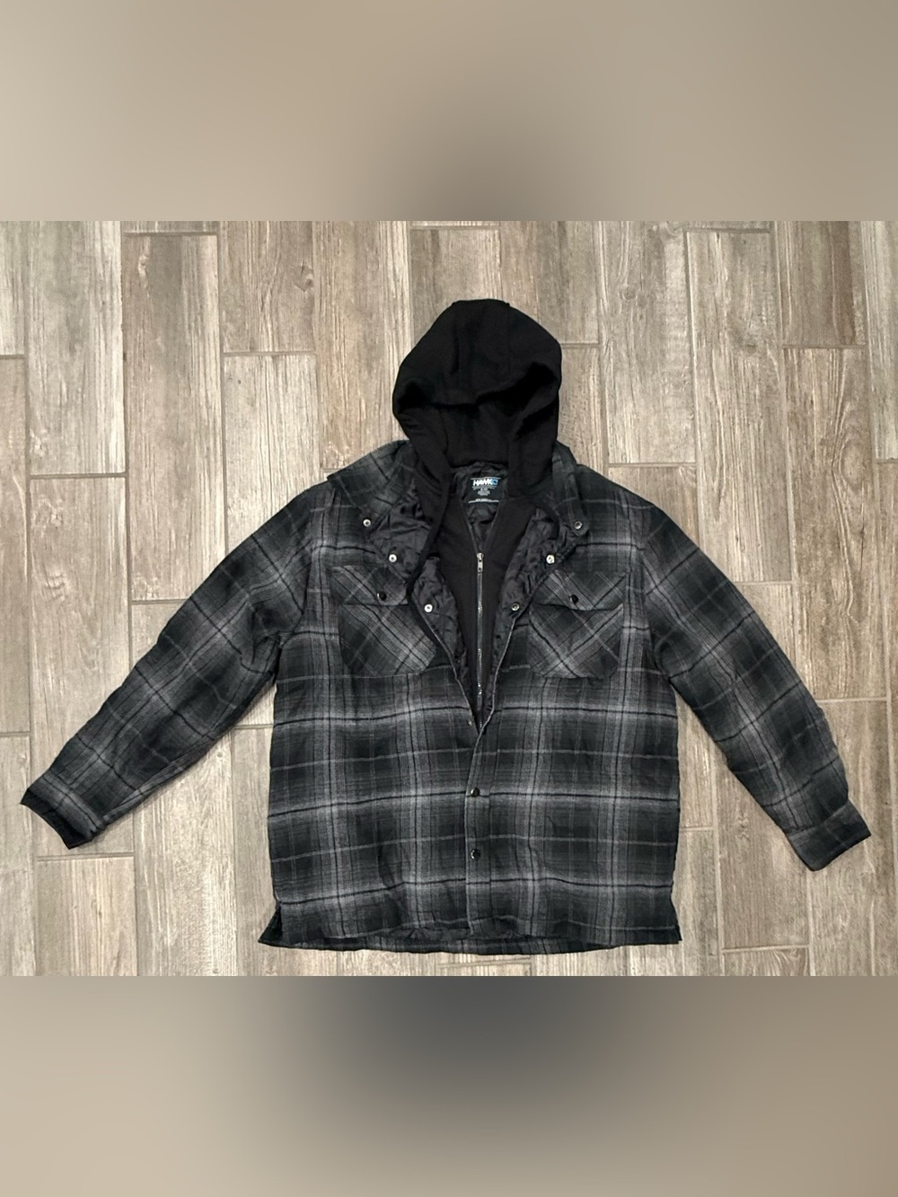 Tony Hawk Gray Plaid Full Zip Up Flannel Combo Quilted Hoodie Sweatshirt Size XL
